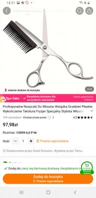 Nożyczki fryzjerskie z przymocowanym grzebieniem, oferta sprzedaży online.