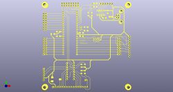 Projekt płytki PCB w programie KiCad z żółtymi ścieżkami na fioletowym tle.