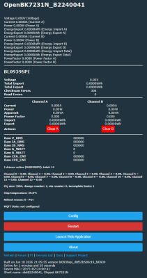 Screenshot of OpenBK7231N web panel showing voltage, current, energy readings, and Config/Restart buttons.