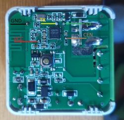 Interior of a Smart Switch with Pin Markings The image shows a circuit board of a smart switch with markings for GND, VCC, TX, RX, and CEN.