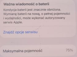 Komunikat o stanie baterii iPhone'a z maksymalną pojemnością 75%