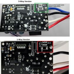 Circuits of 3-way and 1-way switch versions, with marked sections.