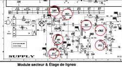 Schemat elektroniczny z zaznaczonymi wartościami napięć.