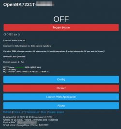 OpenBK7231T Garage Door Controller Interface Web interface of the OpenBK7231T controller with a Toggle Button and configuration options.
