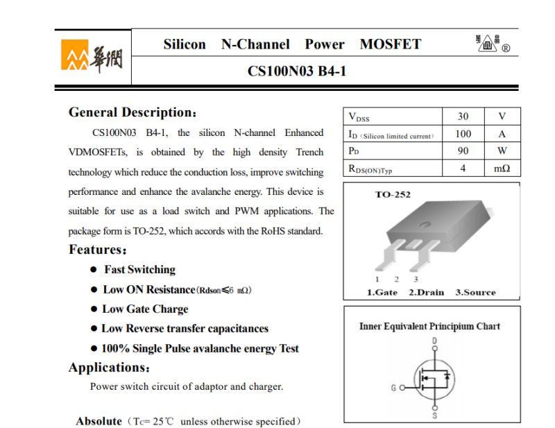 Datasheet excerpt for CS100N03 B4-1 MOSFET with specs table and TO-252 package diagrams