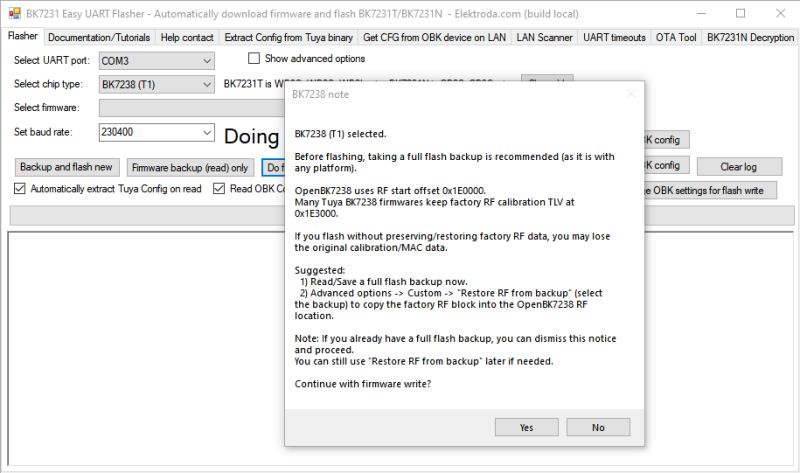 BK7231 Easy UART Flasher window with RF backup warning message