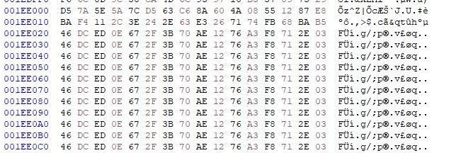 Screenshot of a hex editor showing offsets, hex byte values, and an ASCII preview on the right