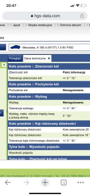 Mercedes A180d, W177 - Potrzebne dane regulacyjne geometrii kół mercedes w177
