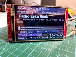 LCD module showing an internet radio UI: “Radio Eska Rock,” L/R meters, and time 20:03:59