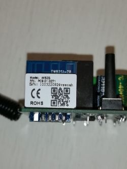 WB2S module on a circuit board with labels and a QR code.