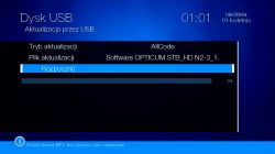 Set-top box update screen showing 0% progress and Start option highlighted