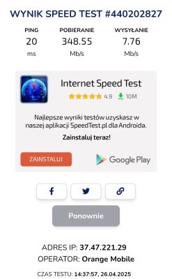 Zrzut ekranu z wynikami testu prędkości internetu: ping 20 ms, pobieranie 348,55 Mb/s, wysyłanie 7,76 Mb/s, operator Orange Mobile.