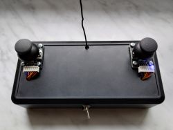 Fernsteuerung mit zwei Joysticks Fernsteuerung mit zwei Joysticks auf einer schwarzen Box für ferngesteuerte Geräte.