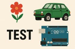 An illustration shows a red flower, a green car, an Arduino UNO board, and the word TEST on a light background.