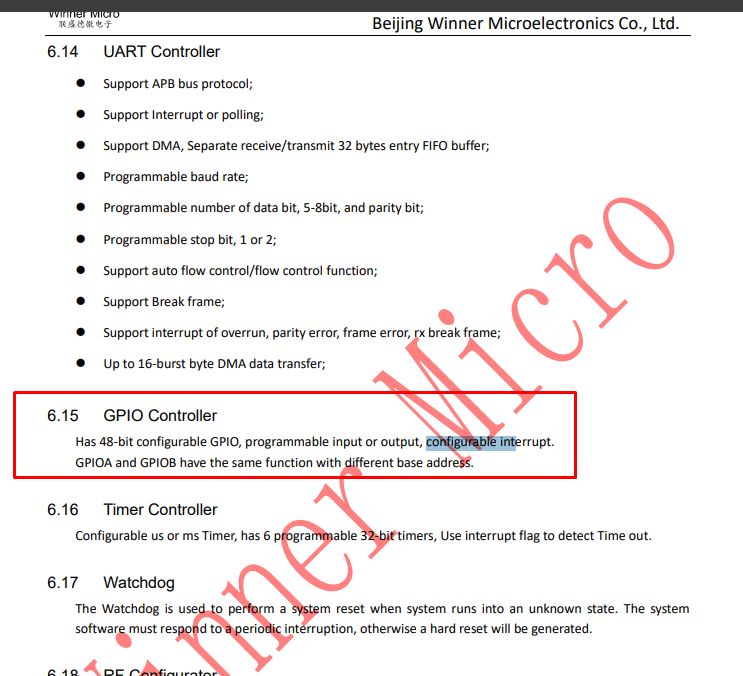 GPIO Controller Description in W600 Documentation Excerpt from W600 documentation showing GPIO controller with interrupt support.