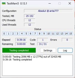 Okno programu TestMem5 pokazujące zakończony test pamięci RAM bez błędów