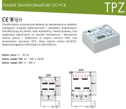 Diagram and description of flat transformers for PCB with device illustration.