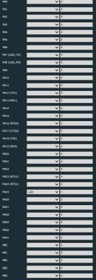 Microcontroller GPIO pin configuration list with functions and logic values
