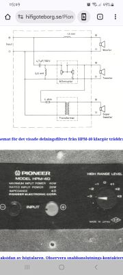 Schemat zwrotnicy i tylna tabliczka kolumny Pioneer HPM-40 z danymi technicznymi