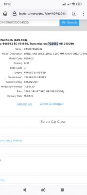 Zrzut ekranu z informacjami o pojeździe Mercedes, m.in. model, silnik, skrzynia biegów i data dostawy.