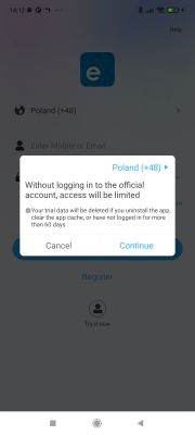 Screenshot of the eWeLink app showing a pop-up message about limited access without logging in to the official account.