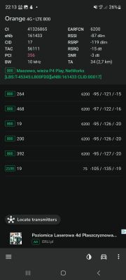 Zrzut ekranu aplikacji HManager z danymi o sieci LTE 800 Orange na telefonie.
